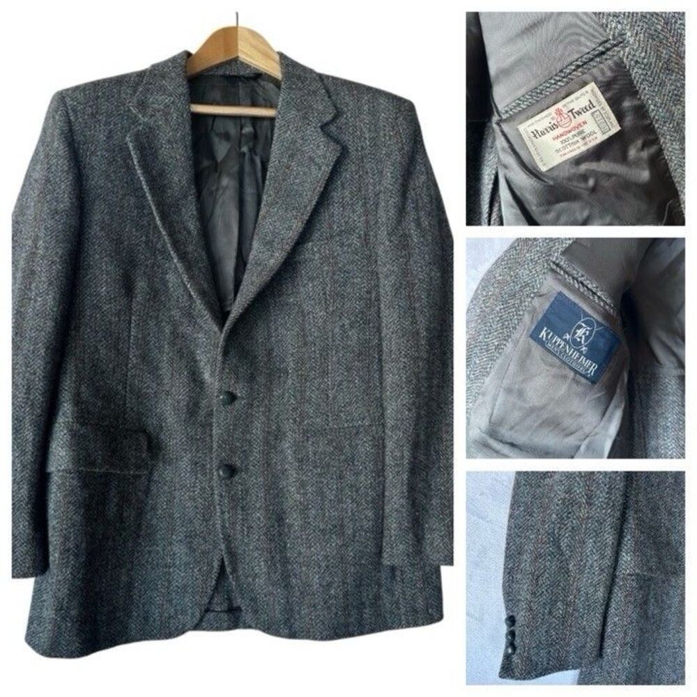 VTG Harris Tweed Handwoven Scottish Wool Herringbone Blazer Sport Coat Gray 44